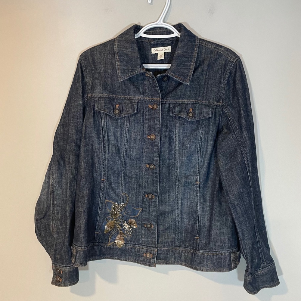 Coldwater Creek Womens Beaded Sequin Denim Jacket Dark Wash Size 14 Boho Western